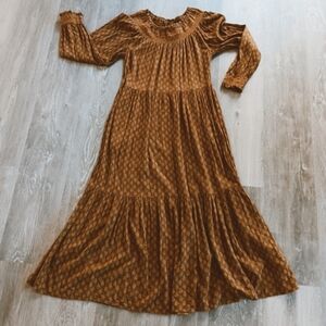 Universal Thread Golden Pecan Brown Vintage Smocked Neck Prairie Midi Dress XS